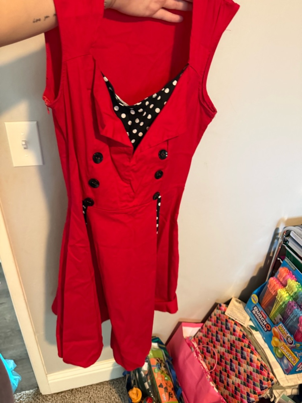 Red Sleeveless Fit-and-Flare Dress with Polka Dot Accent